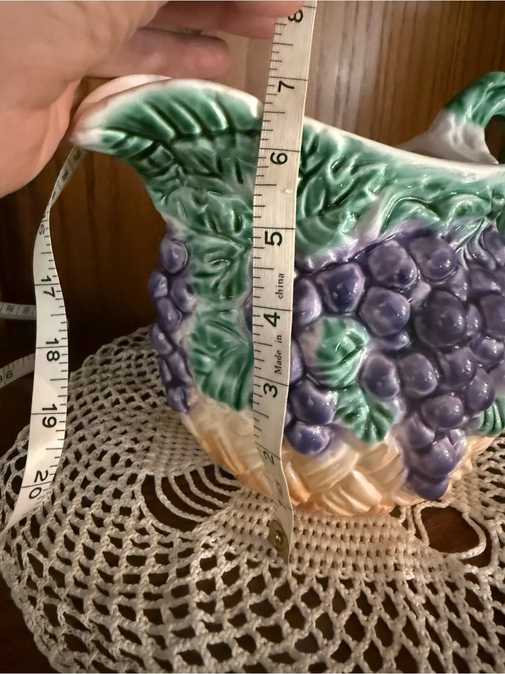 Hand-Painted Grape Ceramic Pitcher in Green, Purple and Tan